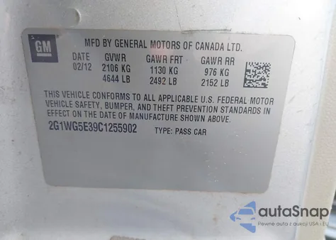 2012 Chevrolet Impala Lt from USA, damaged, VIN 2G1WG5E39C1255902
